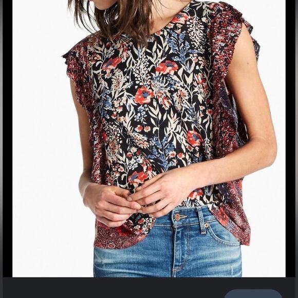 Lucky Brand Mixed Print Blouse Womens Size Small Back Button Ruffle Boho Chic - Picture 10 of 10